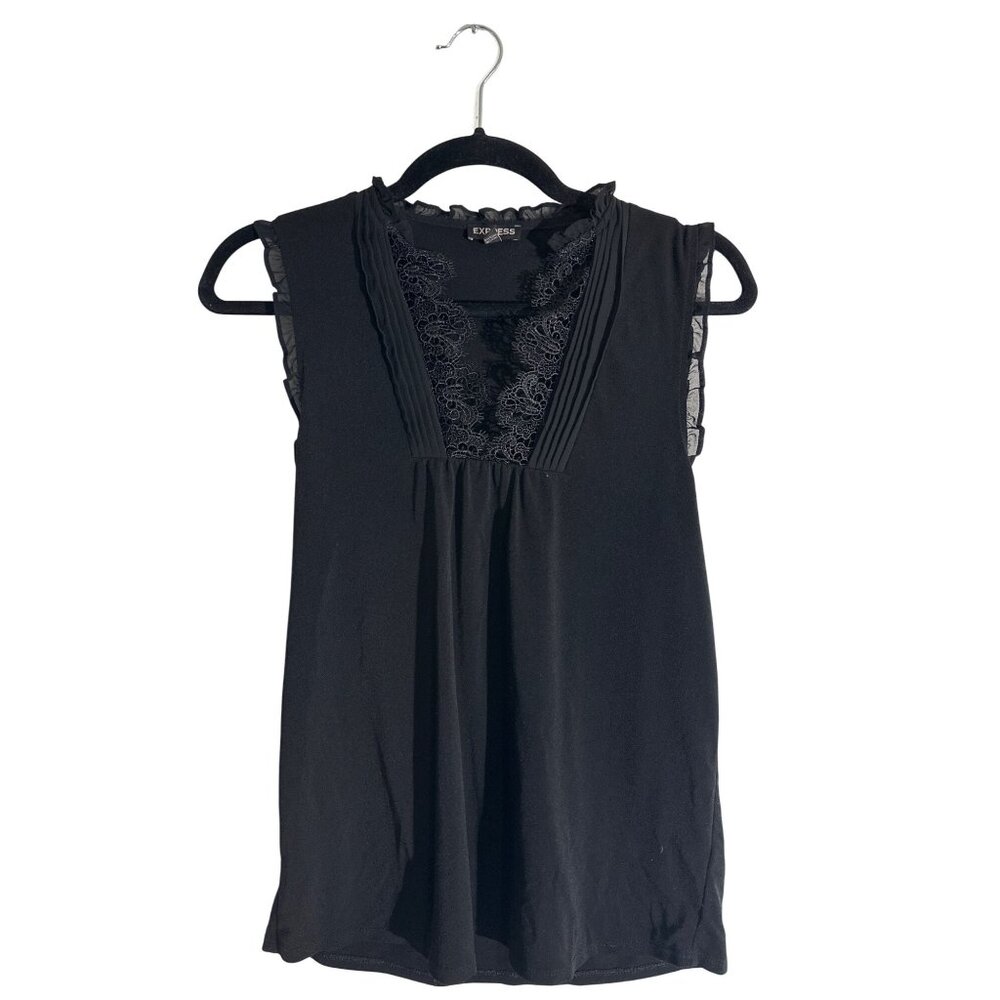 Express XS Black Sleeveless Top Ruffle Trim Lace Detail
